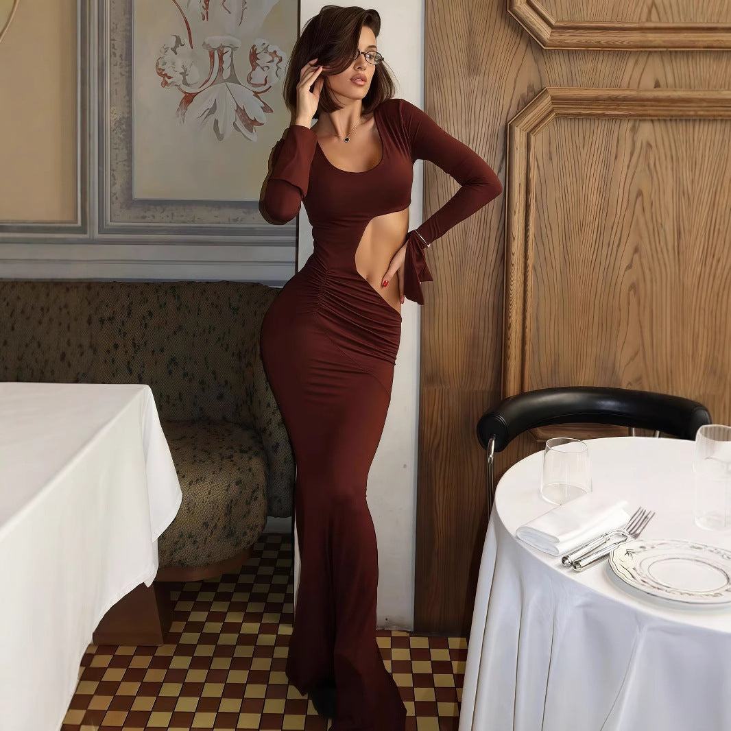 Women Fitted Maxi Dress with Sophisticated Cut-Out and Ruffle Details Ivyshape