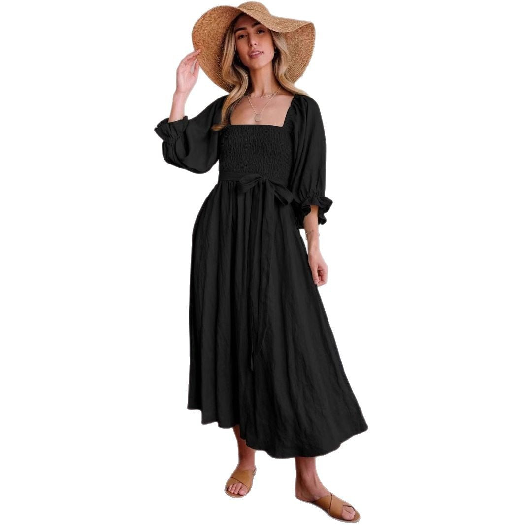 Women elegant, tailored maxi dress with puff sleeves and tie belt Ivyshape