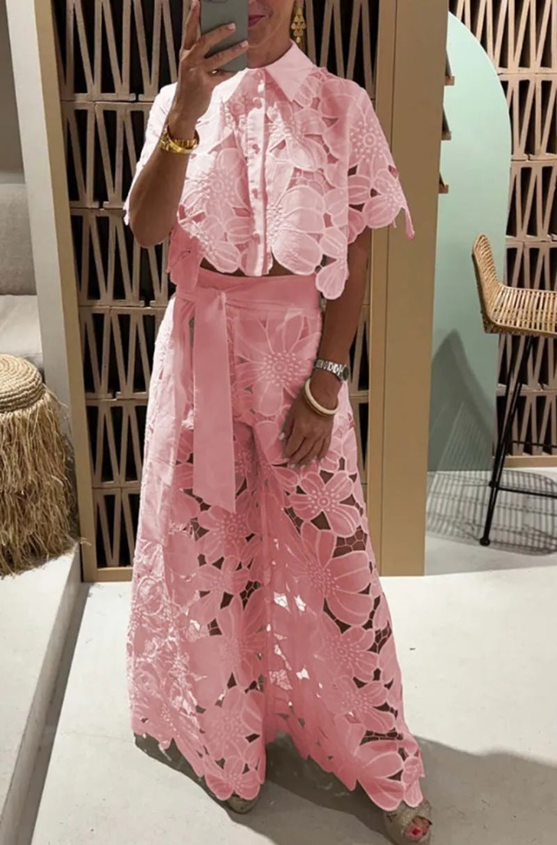 Women Elegant Summer Suit with Floral Lace Overlay Ivyshape