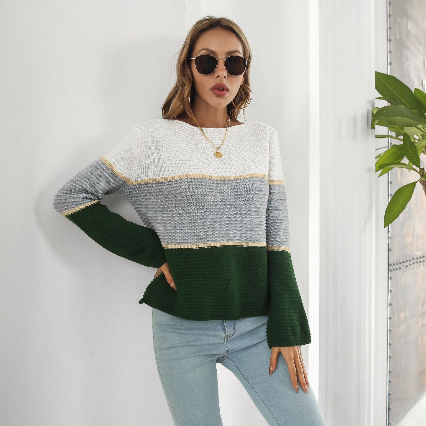 Women's Off-Shoulder Knit Sweater with Modern Color Block Design Ivyshape