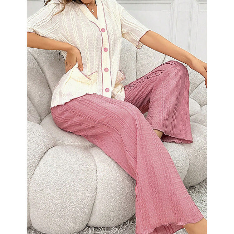 IvyShape | V-Neck Single-Breasted Short Sleeve Pajamas Set