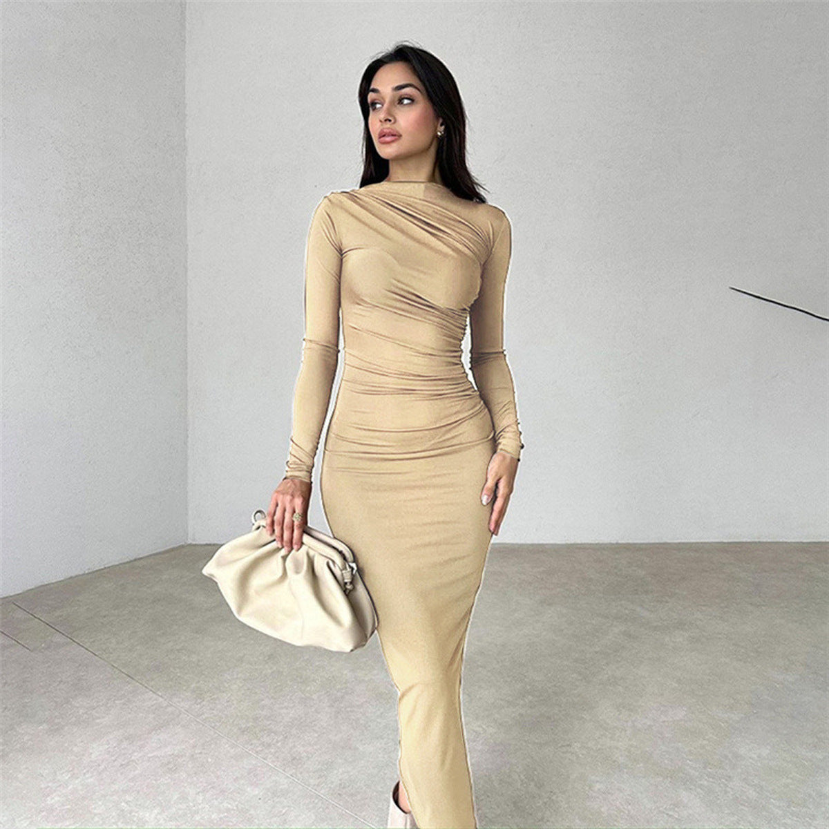 Women Elegant Wrap Dress with Long Sleeves and Figure-Hugging Cut Ivyshape