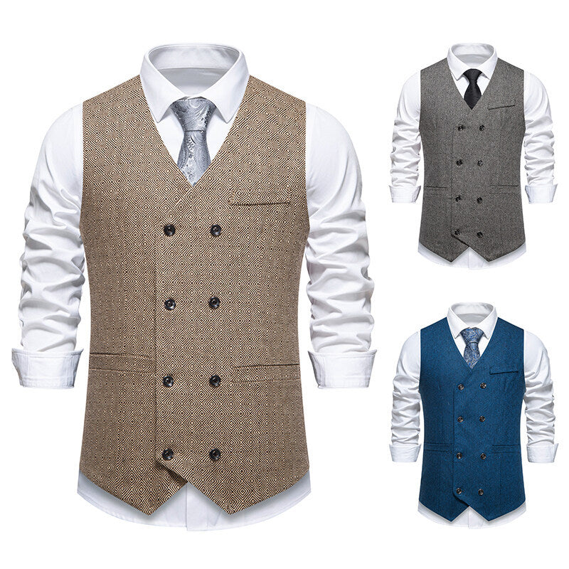 Men's Elegant Waistcoat with Double Breasted Button Placket and Fine Geometric Pattern Ivyshape