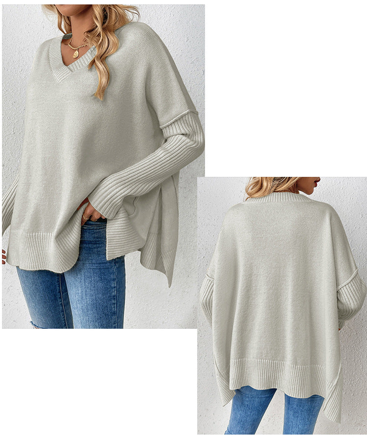 IvyShape | V-Neck Split Long Sleeve Knit Sweater