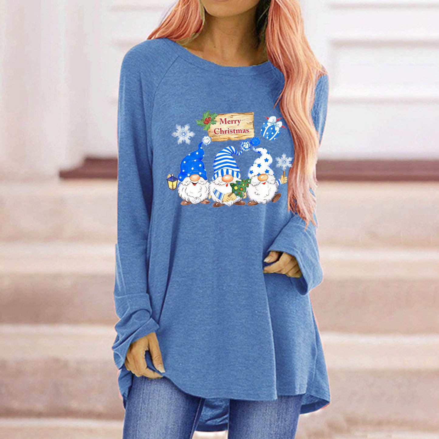 Women Oversized Long Sleeve Shirt with Festive Gnome Motif Ivyshape