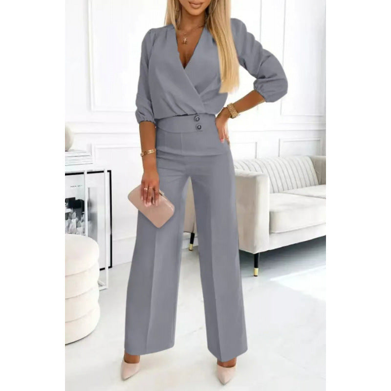 Ladies elegant jumpsuit with wrap top and wide leg Ivyshape