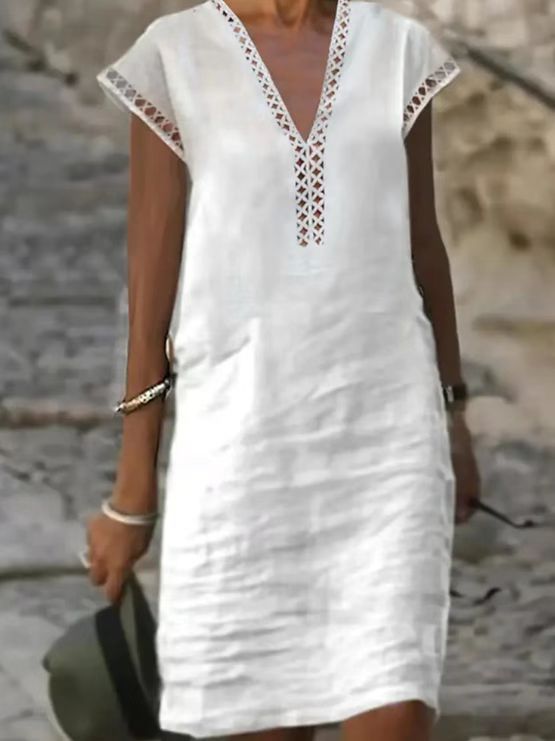 Women's Lightweight Linen Dress with V-Neck and Subtle Cut-Out Accents Ivyshape