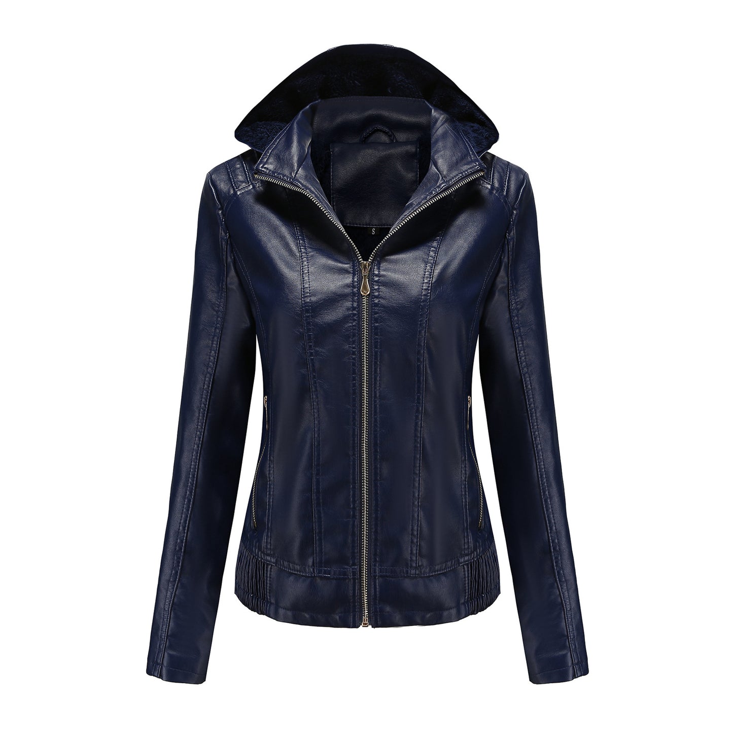 Ladies stylish faux leather jacket with high collar and elastic cuffs Ivyshape