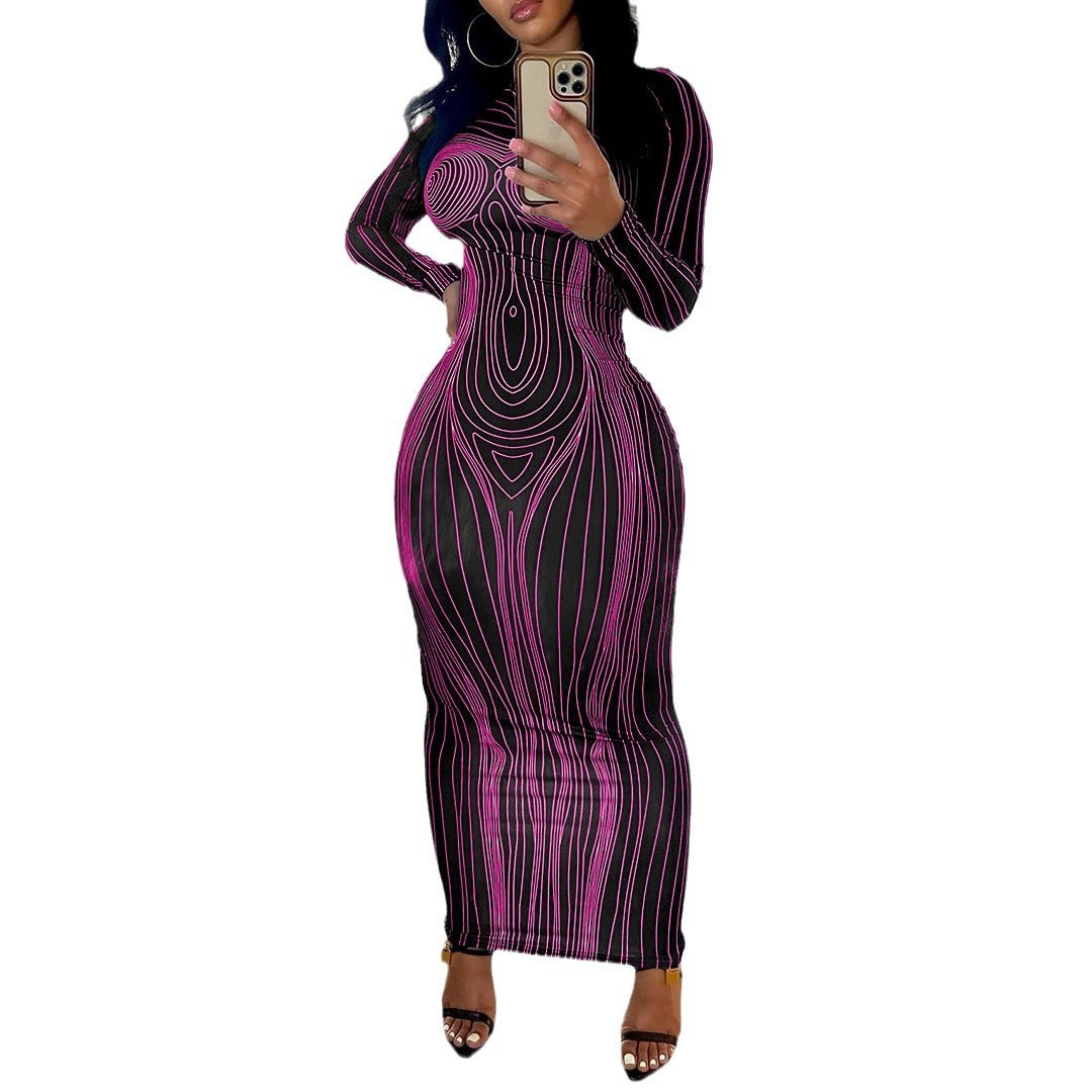 Women figure-hugging long sleeve dress with modern line pattern Ivyshape