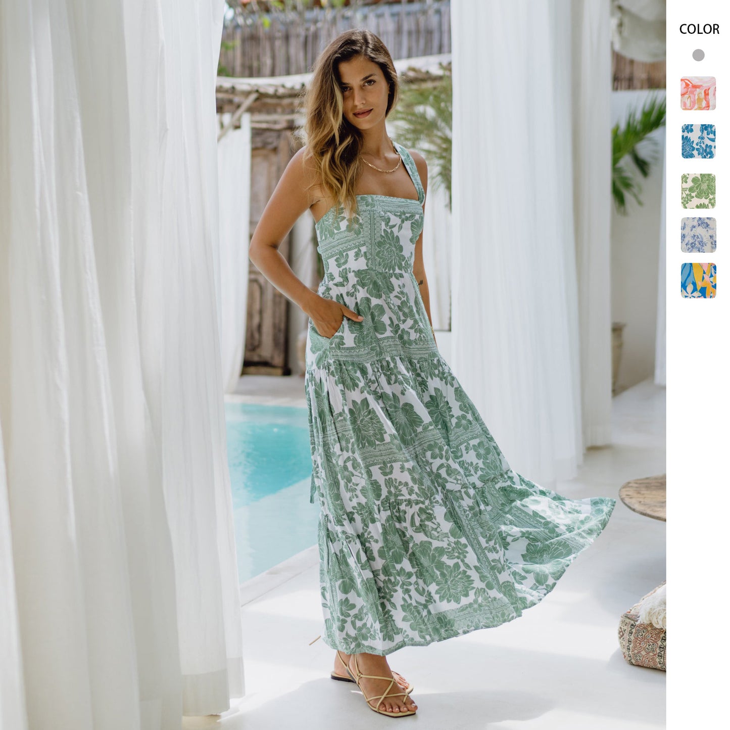 Ladies Maxi Dress with voluminous hem and trendy floral print Ivyshape