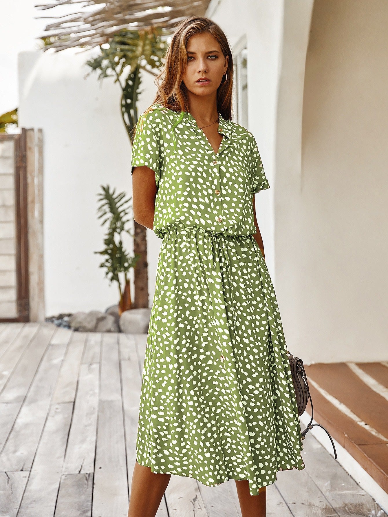 Women Short Sleeve Dress with Modern Dots and Waist Drawstring Ivyshape