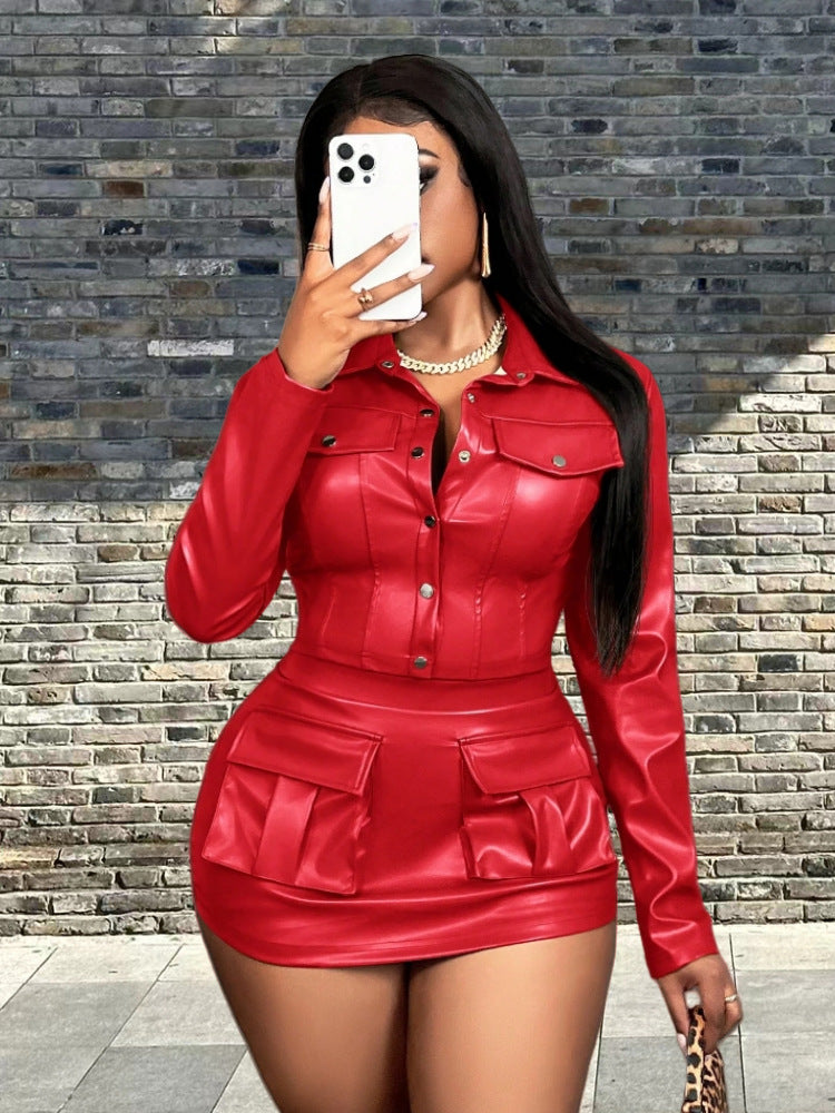Women Faux Leather Mini Dress with Practical Flap Pockets Ivyshape