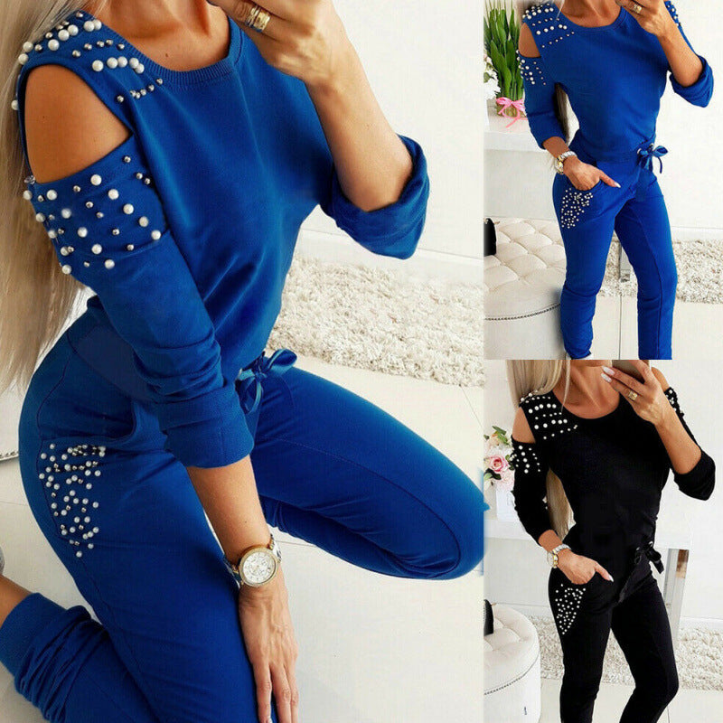 Ladies Cold-Shoulder Pearl-Embellished Tracksuit Set Ivyshape