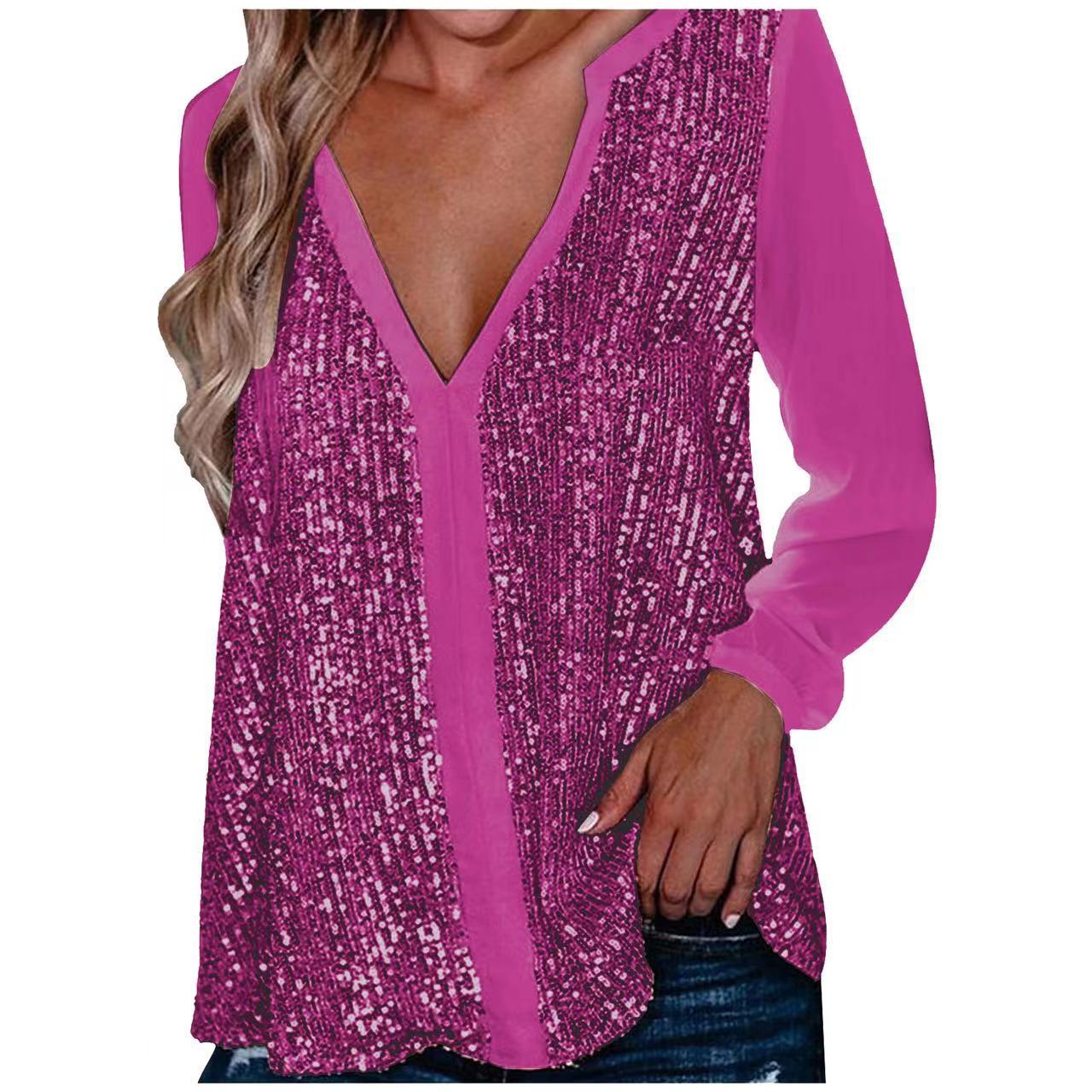 Ladies' fashionable, glamorous top with V-neck and glitter details Ivyshape