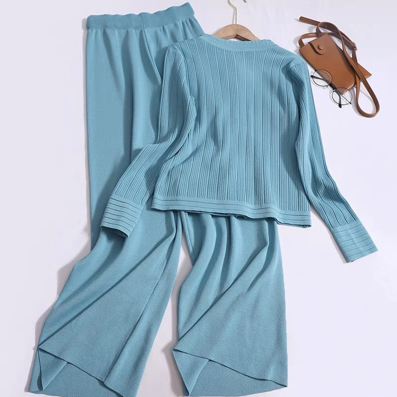 IvyShape | Long sleeve cardigan and wide cut pants set