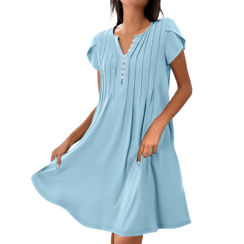 Women's Casual Short Sleeve Dress with Pleated Details and Button Placket Ivyshape
