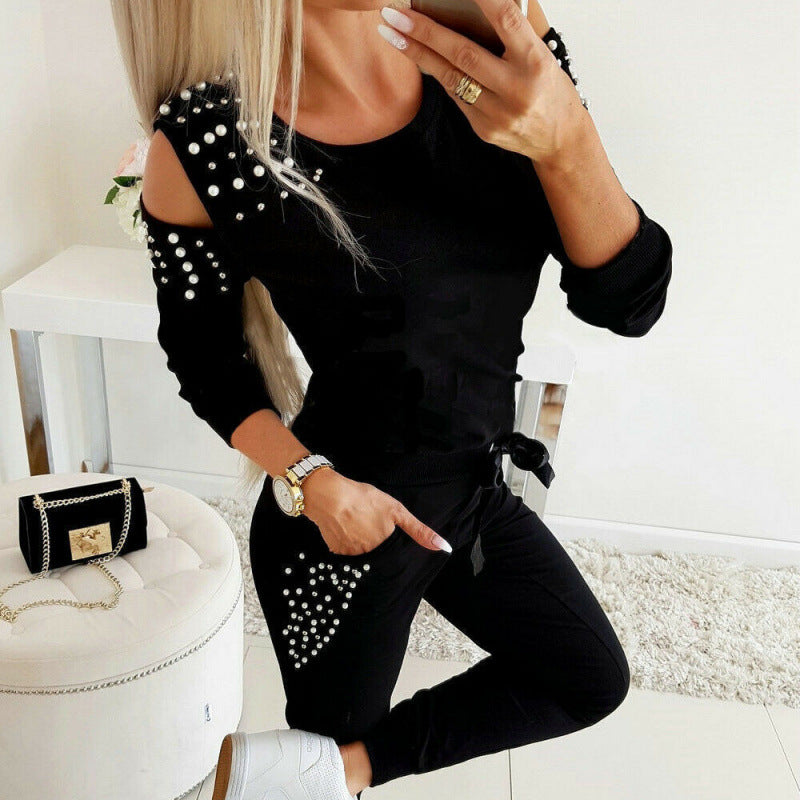 Ladies Cold-Shoulder Pearl-Embellished Tracksuit Set Ivyshape