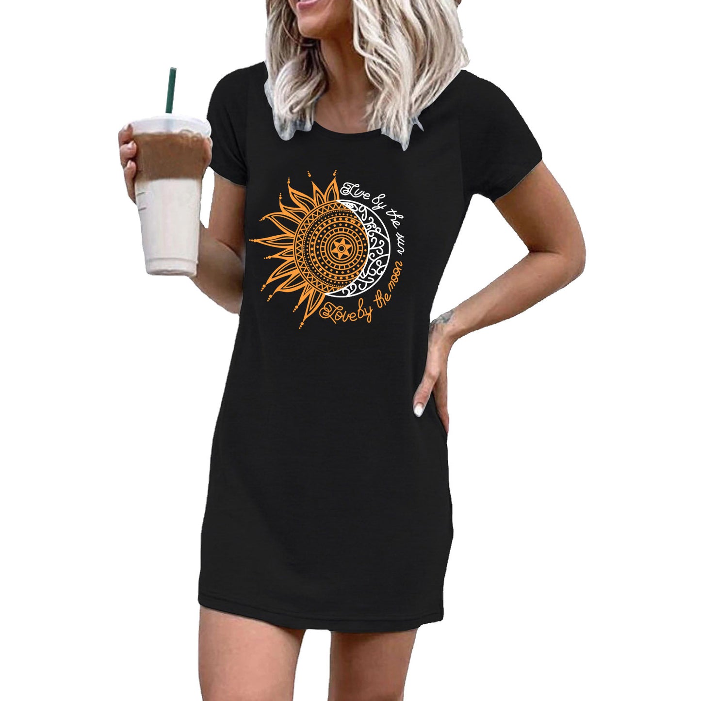 Women's T-shirt dress with creative sun and moon motif Ivyshape