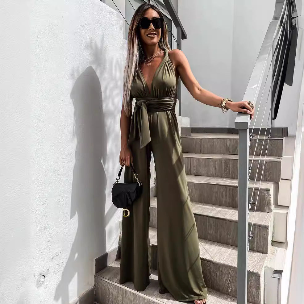 Ivyshape | Sleeveless Solid Color Waist Belt Jumpsuit