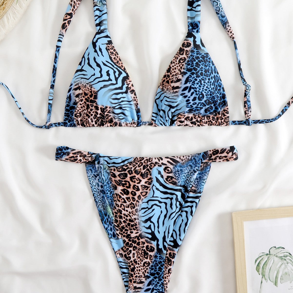 Women's triangle bikini with exotic animal print and adjustable tie straps Ivyshape