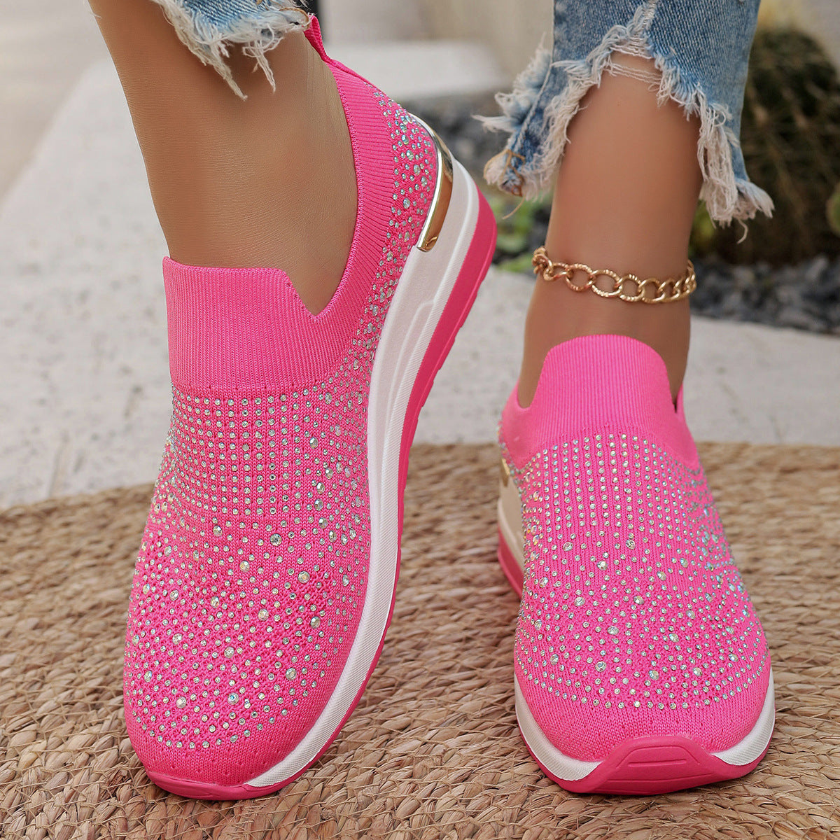 Women Elegant Slip-On Sneakers with rhinestone-embellished details and non-slip sole Ivyshape
