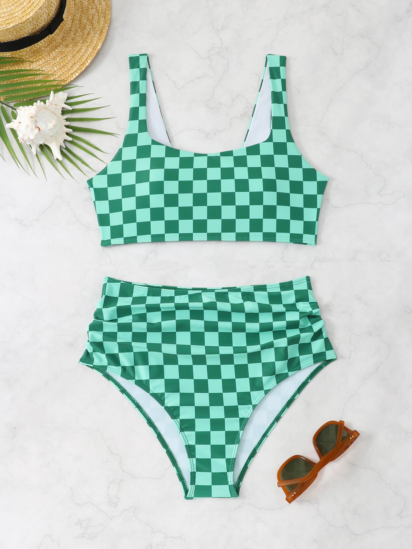 Women's High-Waisted Bikini Set with Check Pattern Ivyshape