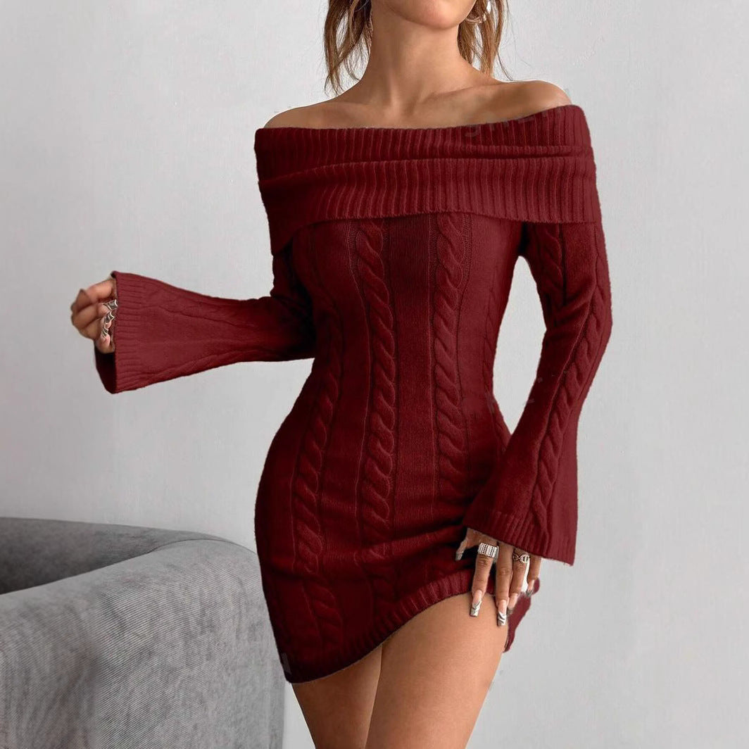 Women figure-hugging knitted dress with wide neckline Ivyshape