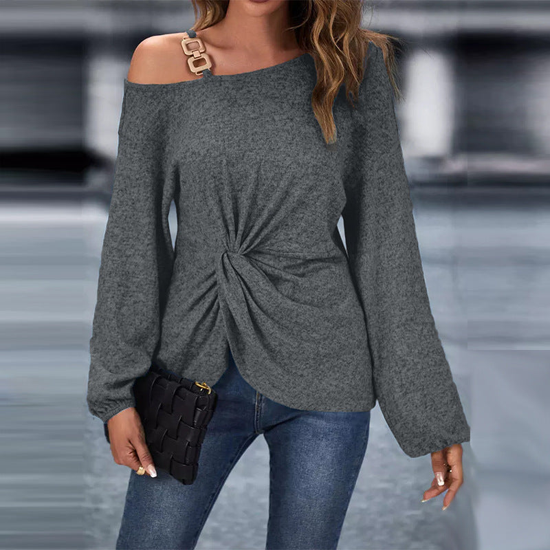 IvyShape | Asymmetric Metal Buckle Pleated Hem Long Sleeve Tee