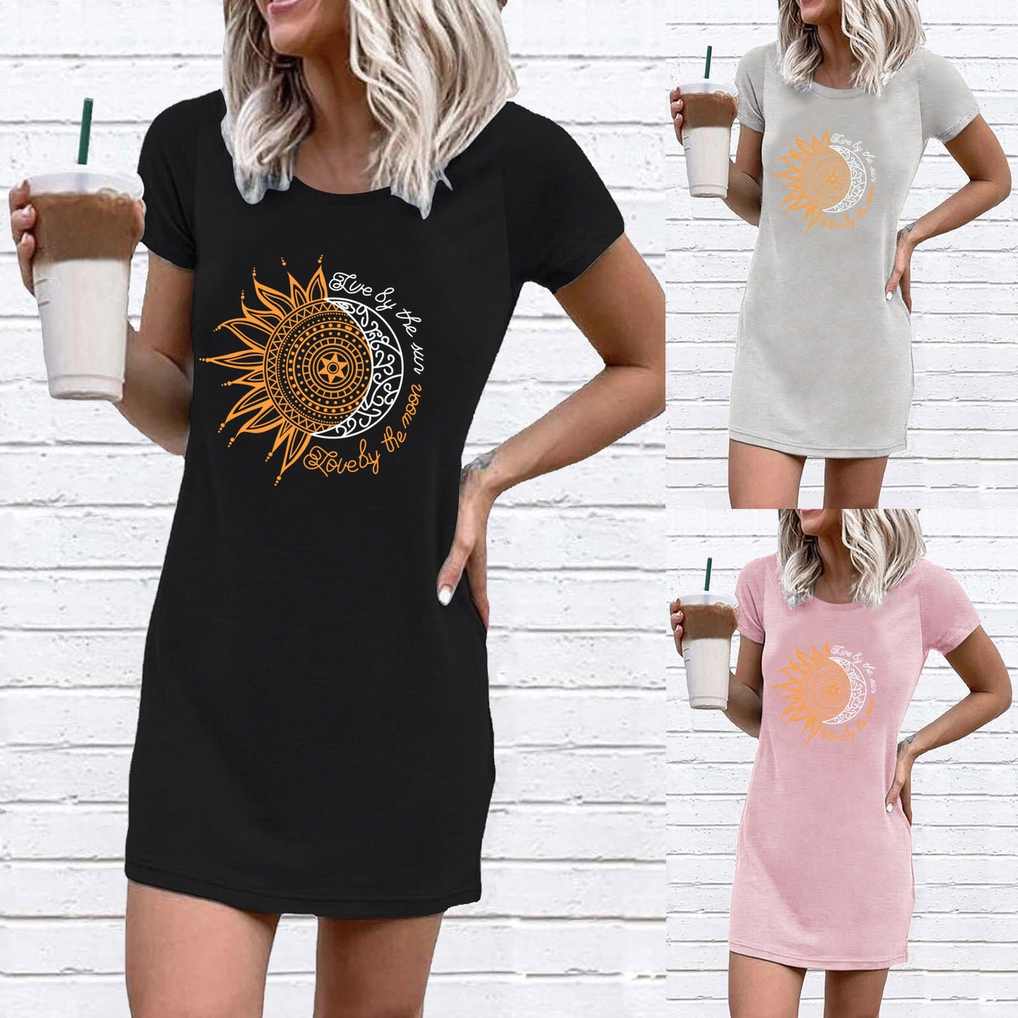 Women's T-shirt dress with creative sun and moon motif Ivyshape