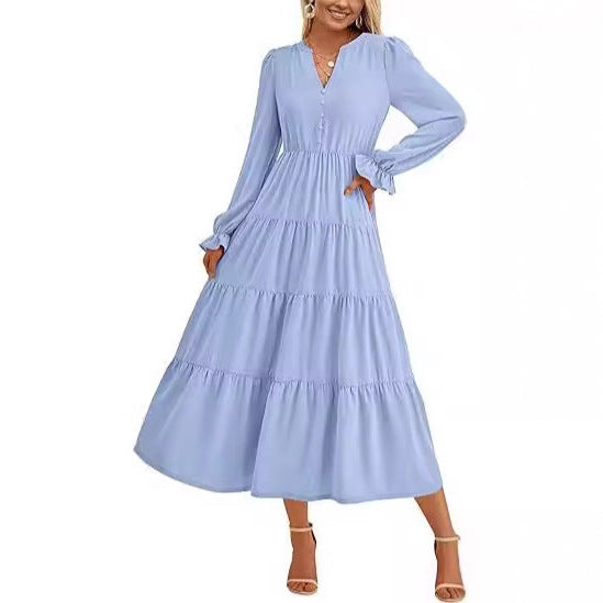 Women's maxi dress with button-decorated front and voluminous sleeves Ivyshape