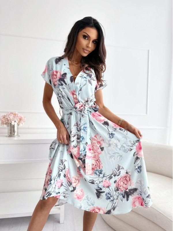 IvyShape | V-Neck Button Tie Loose Short Sleeve Midi Dress