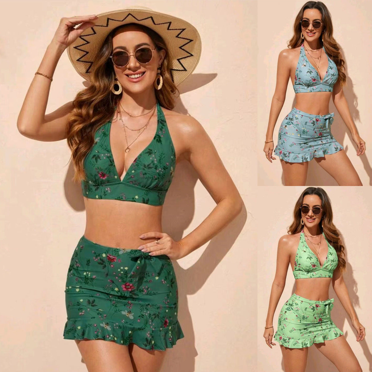 Women's beach bikini set with floral ruffle skirt details and halter-neck top Ivyshape
