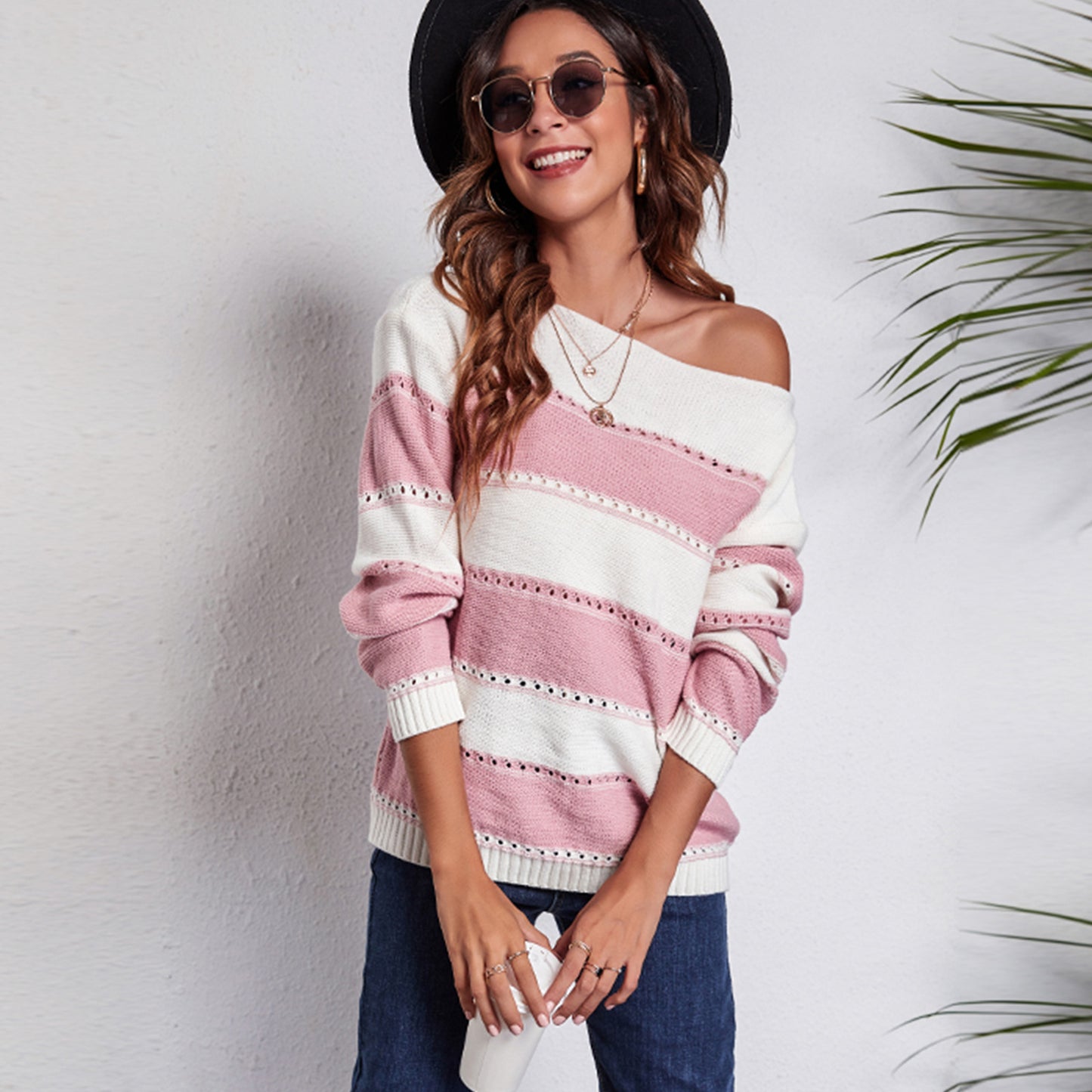 Women's casual sweater with modern lace pattern and stripe design Ivyshape