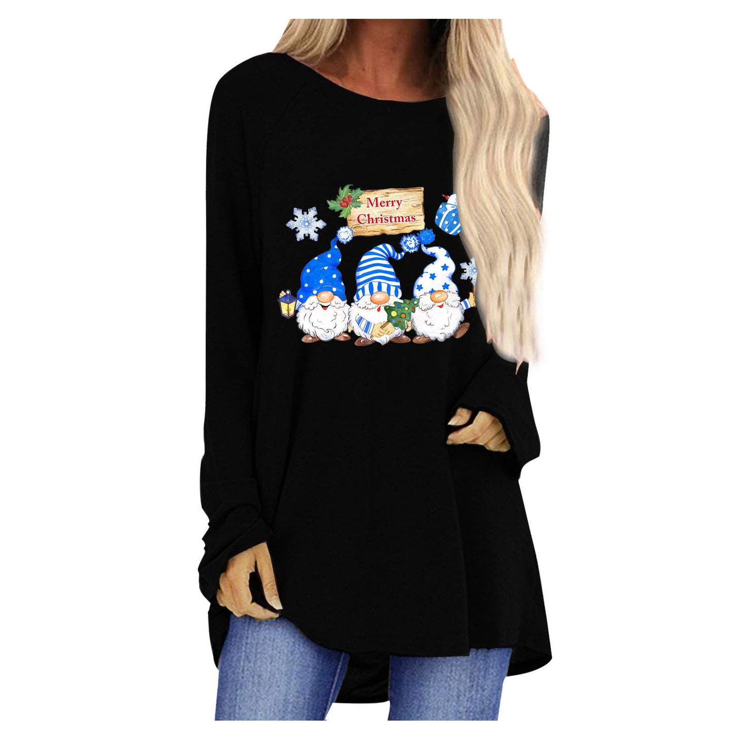 Women Oversized Long Sleeve Shirt with Festive Gnome Motif Ivyshape