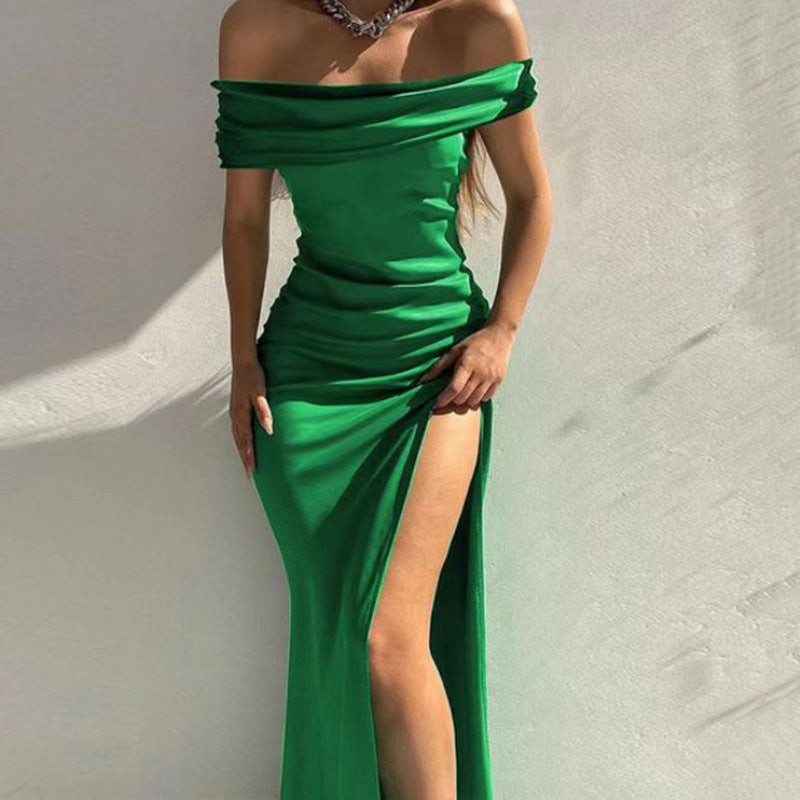 IvyShape | Alluring Solid Color Off-Shoulder Slit Long Skirt