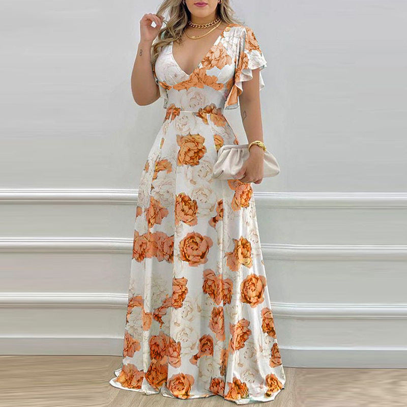 IvyShape | Elegant V-neck Flounced Sleeves Printed Flared Dress