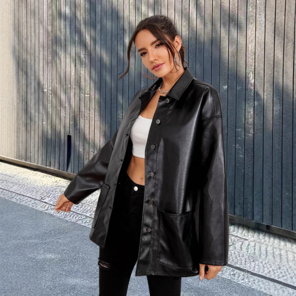 Ladies Stylish Oversized Leather Jacket Ivyshape