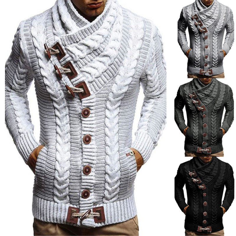 Men's chunky knit cardigan with creative shawl collar and button details Ivyshape