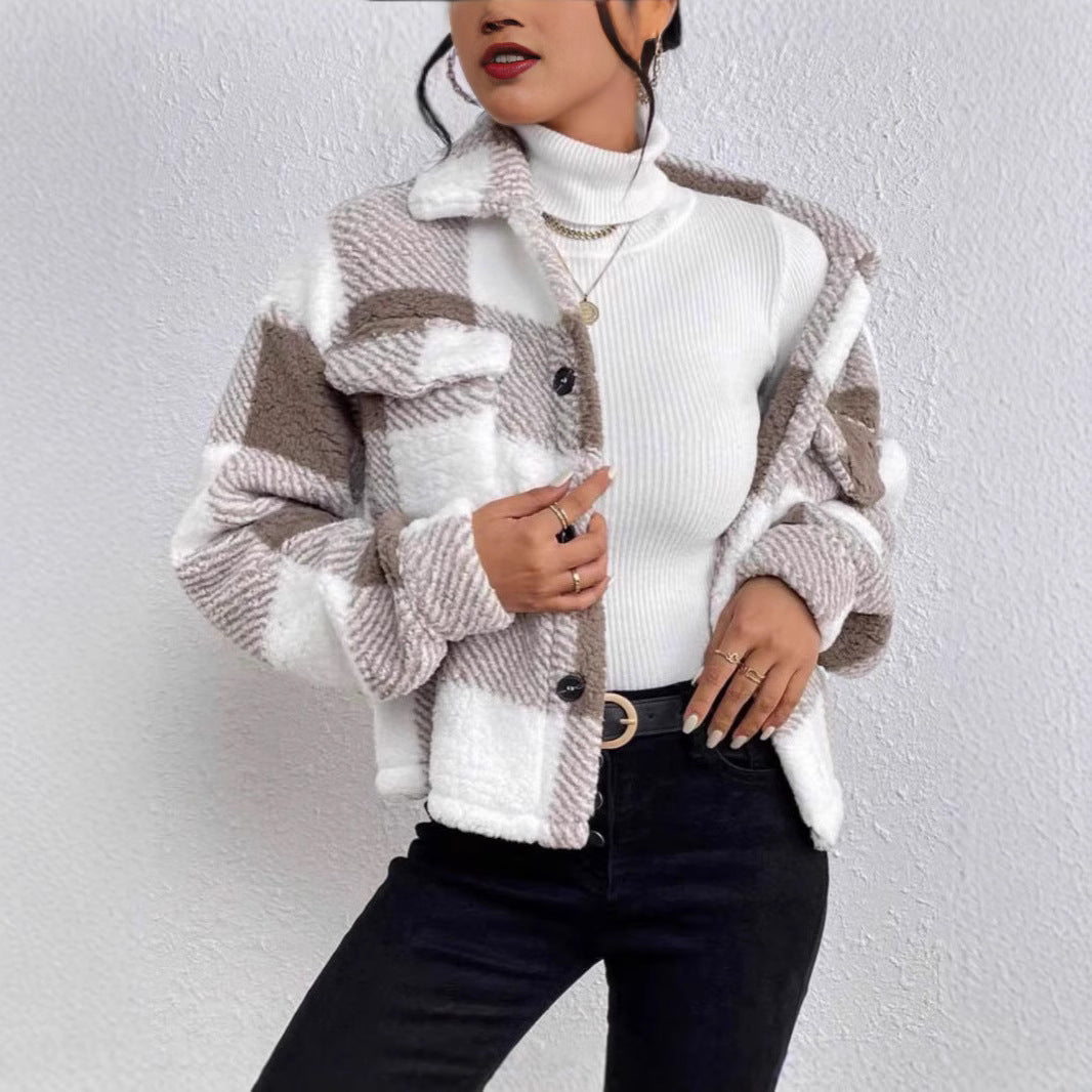 Women's Cosy Check Jacket with Fold-Down Collar Ivyshape