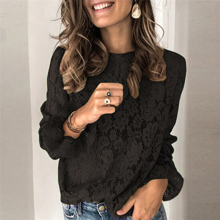 IvyShape | Fashionable Flare Sleeve Hollow Lace Shirt