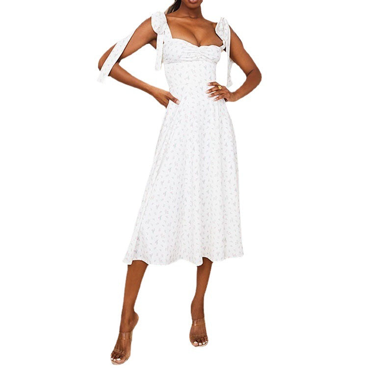 Women's Midi Dress with Adjustable Shoulders and Floral Design Ivyshape