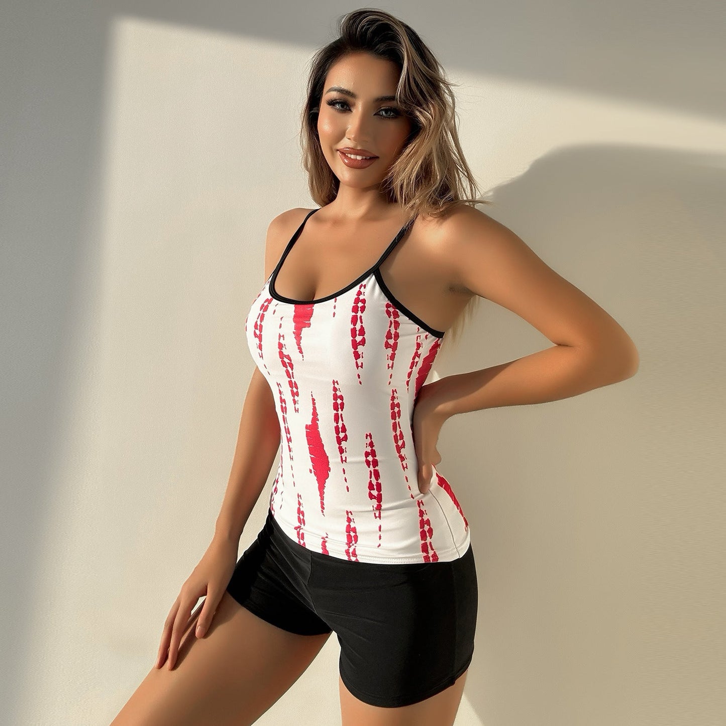 Ladies' Sporty Tankini Set with Fashionable Pattern and High-Waisted Shorts Ivyshape