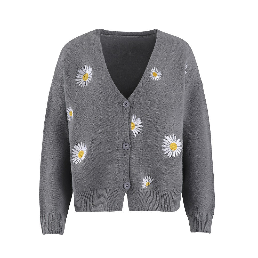 Ivyshape | Up Daisy Embroidery V-Neck Sweater Cardigan