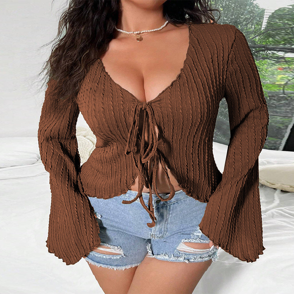 Women casual blouse shirt with deep V-neck and bell sleeves Ivyshape