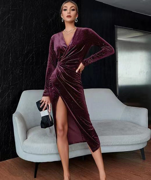 Ladies imaginative wrap dress made of luxurious velvet fabric with elegant glitter overlay Ivyshape