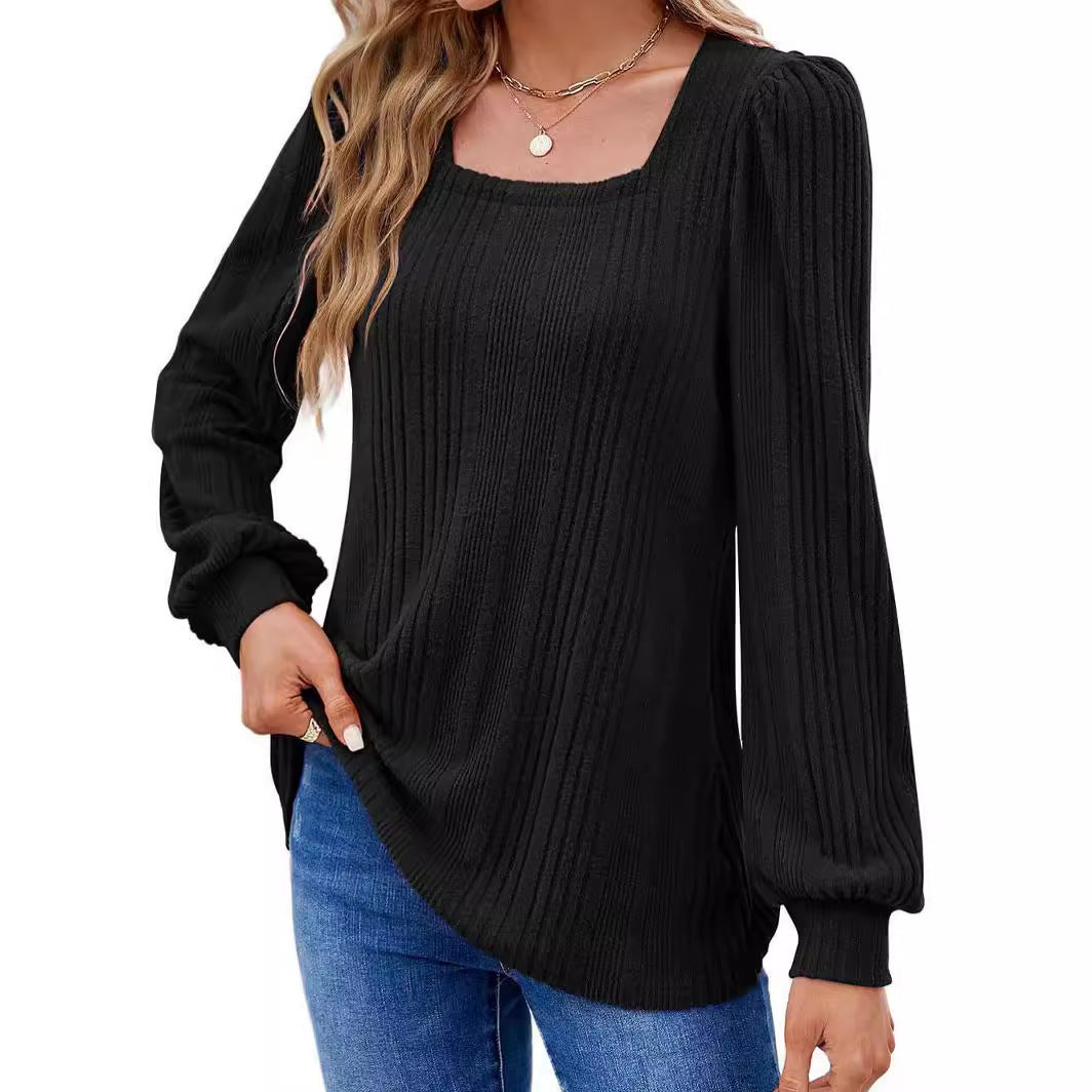 Women's fashionable sweater with textured rib pattern and puff sleeves Ivyshape
