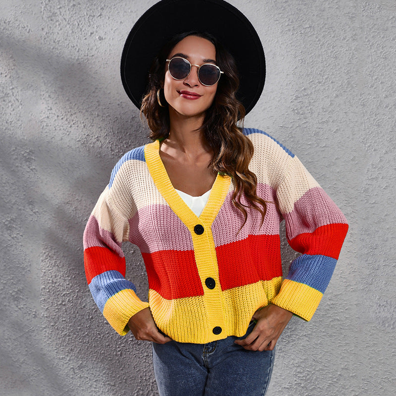 Ladies fashionable cardigan with colorful striped pattern and button details Ivyshape