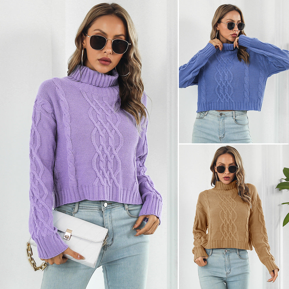 Women's chunky knit sweater with high collar and cable pattern Ivyshape
