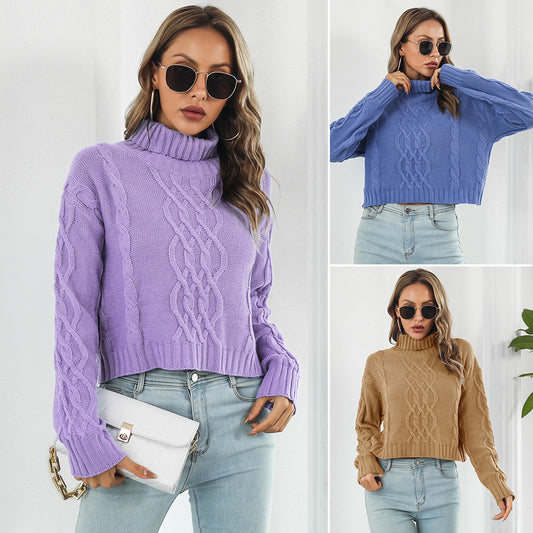 Women's chunky knit sweater with high collar and cable pattern Ivyshape