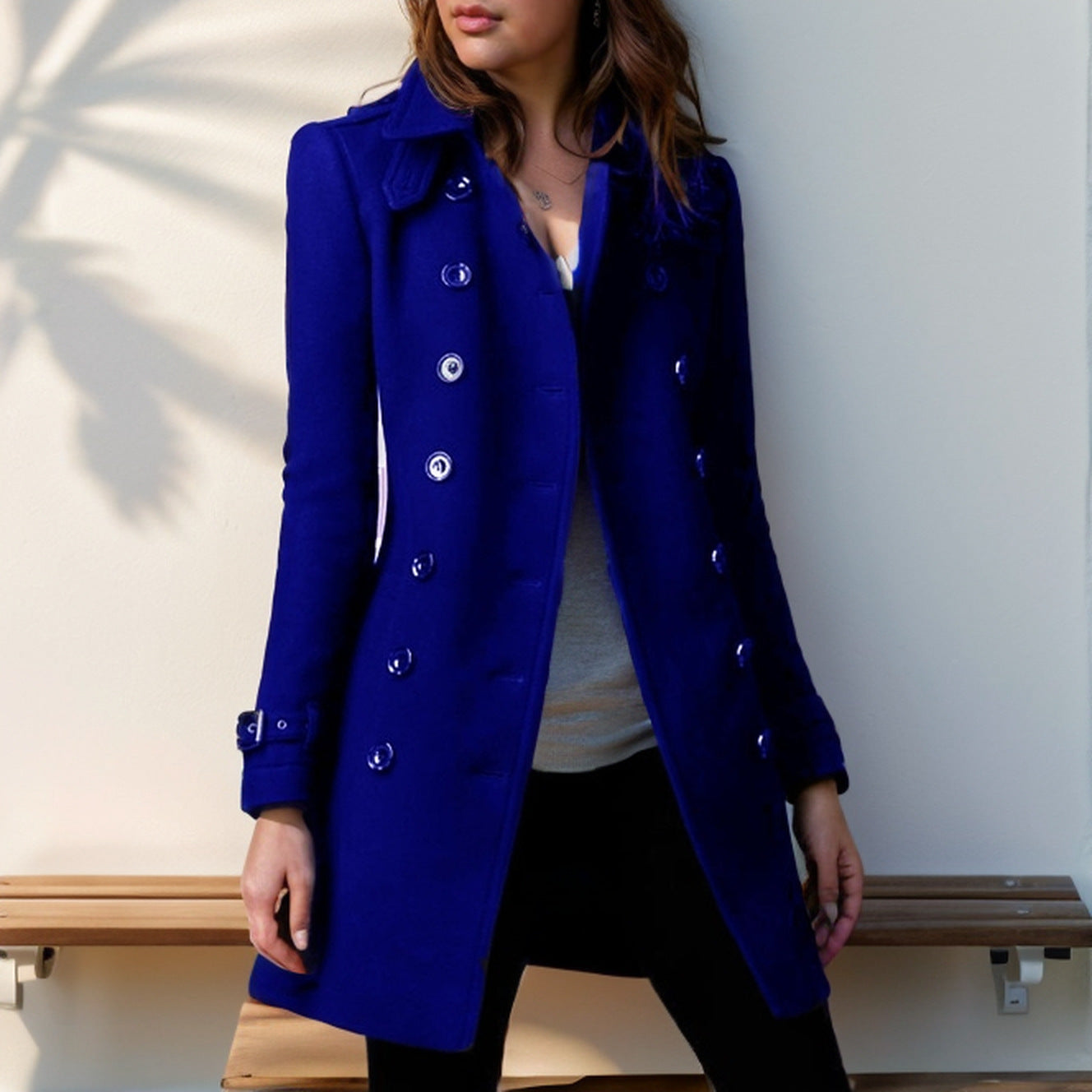 Women elegant transitional coat with double button placket and modern cut Ivyshape